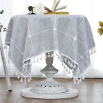 Petite nappe carr�e en coton et lin � carreaux avec pompons brod�s pour table de salle � manger 140 x ...