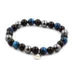 Pierres et min�raux. bracelet perles oeil de tigre bleu clair + h�matite + agate noire 8 fabriqu� en ...