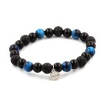 Pierres et min�raux. bracelet perles oeil de tigre bleu clair + lave + agate noire 8 mm. fabriqu� en ...