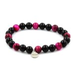 Pierres et min�raux. bracelet perles oeil de tigre fuschia + agate noire 8 mm. fabriqu� en france.