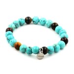 Pierres et min�raux. bracelet perles oeil de tigre multicolore + turquoise 8 mm. fabriqu� en france.