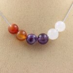 Pierres et min�raux. collier perles agate ruban�e + am�thyste + pierre de lune 8 mm chaine en acier inoxydable ...