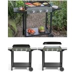 Plancha gaz - livoo - 3 br�leurs - plaque 62 x 345 cm - acier �maill� - chariot avec tablettes