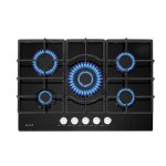 Plaque gaz 5 feux en verre noir - br�leurs et grilles en fonte - 10 800 watts encastrement 56x49 cm
