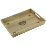 Plateau de service - aubry gaspard - rectangulaire - bois de sapin - d�cor coeur - 2 poign�es