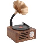 Platine vinyle r�tro platine portable en bois avec pavillon en laiton fonction radio fm enceinte bluetooth ...