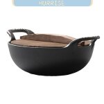 Po�le � frire wok en fonte � double poign�e avec couvercle en bois antiadh�sif sans rev�tement compatible ...