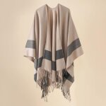 Poncho femme chaud simili laine hiver rayure imprim� bord frange 122 x 152 cm caf�