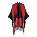 Poncho femme avec franges simili laine automne hiver chle ouvert chaude epais motif carreaux - rouge ...