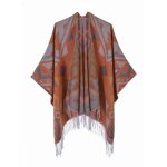 Poncho femme avec franges simili laine chle jacquard chaude epais automne - hiver - orange