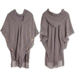 Poncho femme - hiver chaude - avec capuche boutons couleur unie gris