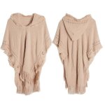 Poncho femme - hiver chaude - avec capuche boutons couleur unie kaki