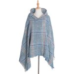 Poncho femme - hiver chaude - avec capuche carreaux 135 x 135 cm bleu