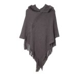 Poncho femme - hiver chaude - avec capuche couleur unie bord frange gris
