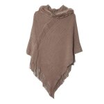Poncho femme - hiver chaude - avec capuche couleur unie bord frange kaki