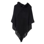Poncho femme - hiver chaude - avec capuche couleur unie bord frange noir