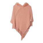 Poncho femme - hiver chaude - avec capuche couleur unie bord frange rose