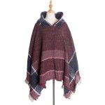 Poncho femme - hiver chaude - avec capuche rayure bordeaux