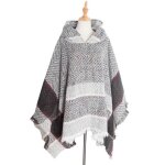Poncho femme - hiver chaude - avec capuche rayure gris clair