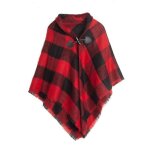 Poncho femme - hiver chaude - col revers carreaux rouge