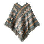 Poncho femme - hiver chaude - imprim bord frange kaki