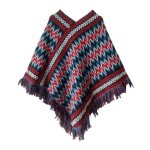 Poncho femme - hiver chaude - imprim bord frange noir