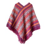 Poncho femme - hiver chaude - imprim bord frange rose