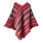 Poncho femme - hiver chaude - imprim bord frange rouge