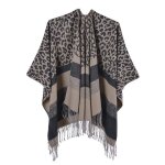 Poncho femme hiver avec franges ch�le jacquard chaude epais imprim� l�opard - insfity - cafe clair