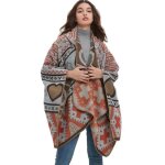 Poncho femme simili laine a capuche hiver chaude imprim� 130 x 150 cm - gris