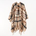 Poncho femme simili laine chaud hiver bord frange carreaux 122 x 155 cm - kaki