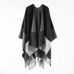Poncho femme simili laine chaud hiver bord frange tricolore 123 x 155 cm - noir