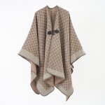 Poncho femme simili laine chaud hiver avec bouton carreaux 135 x 155 cm - kaki