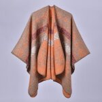 Poncho femme simili laine hiver chaud epais imprim� bicolore 128 x 150 cm - orange