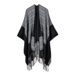 Poncho femme simili laine - insfity - motif carreaux frange - noir - kaki - rouge