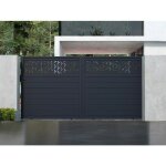 Portail �lectrique coulissant aluminium semi plein � motifs l374 x h180 cm - anthracite - bazio