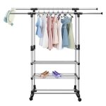 Portant  vtement rglable en acier inoxydable penderie vetement extensible double tringle avec roulettes ...