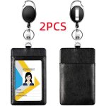 Porte badge - non sp�cifi� - r�tractable - cuir - noir - 2 pi�ces