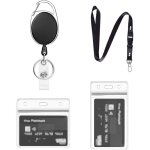 Porte badge et porte carte transparent - inclus cordon enrouleur et �tui �tanche - noir a01