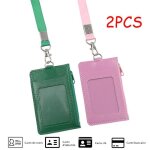Porte badge - non sp�cifi� - cuir - avec poche zipp�e - 2 cordon d�tachables - vert / rose