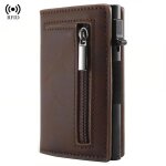 Porte - carte luxe rfid caf� ? cuir synth�tique avec fermeture �clair ? pop up compact s�curis�