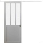 Porte coulissante atelier blanc vitre depoli h204 x l83 cm rail alu bandeau blanc coquilles