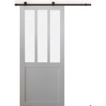 Porte coulissante atelier blanc vitre depoli h204 x l83 + rail a roulettes noir