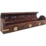 Porte - encens en bois avec rangement / boîte à encens motif om marron / chocolat Porte - encens en bois avec rangement / boîte à encens motif om marron / chocolat
