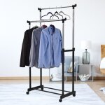 Porte manteau 2 barres � roulettes en acier avec etag�re chaussures 2 roues avec freins hauteur r�glable ...