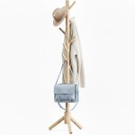 Porte - manteau autoportant robuste naturel 3 sections r�glables et 8 crochets portant en bois pour v�tements ...