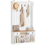 Porte - manteau de balcon avec 9 crochets et espace de rangement 2 tiroirs en tissu couleur blanc / ch�ne ...