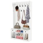 Porte - manteau balconera avec banc � chaussures 9 crochets et 2 tiroirs amovibles en tissu blanc 100 ...