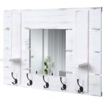 Porte manteau mural vintage avec miroir et 5 crochets en bois blanc