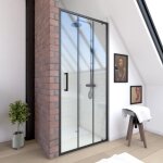 Paroi porte de douche pivotante type industriel - 90x200cm - profile noir mat - verre 6mm